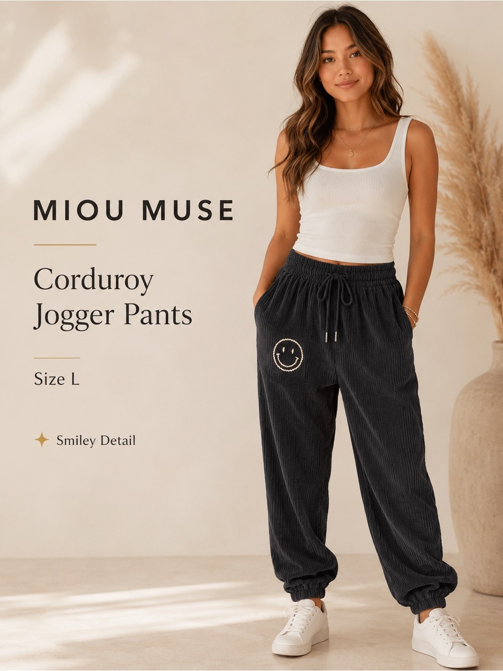 Miou Muse Josie Corduroy Jogger Pants Charcoal Smiley Face Size L